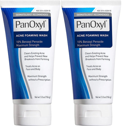 PanOxyl Acne Foaming Wash Benzoyl Peroxide 10% Maximum Strength Antimicrobial 5.5 Oz (Pack of 2)